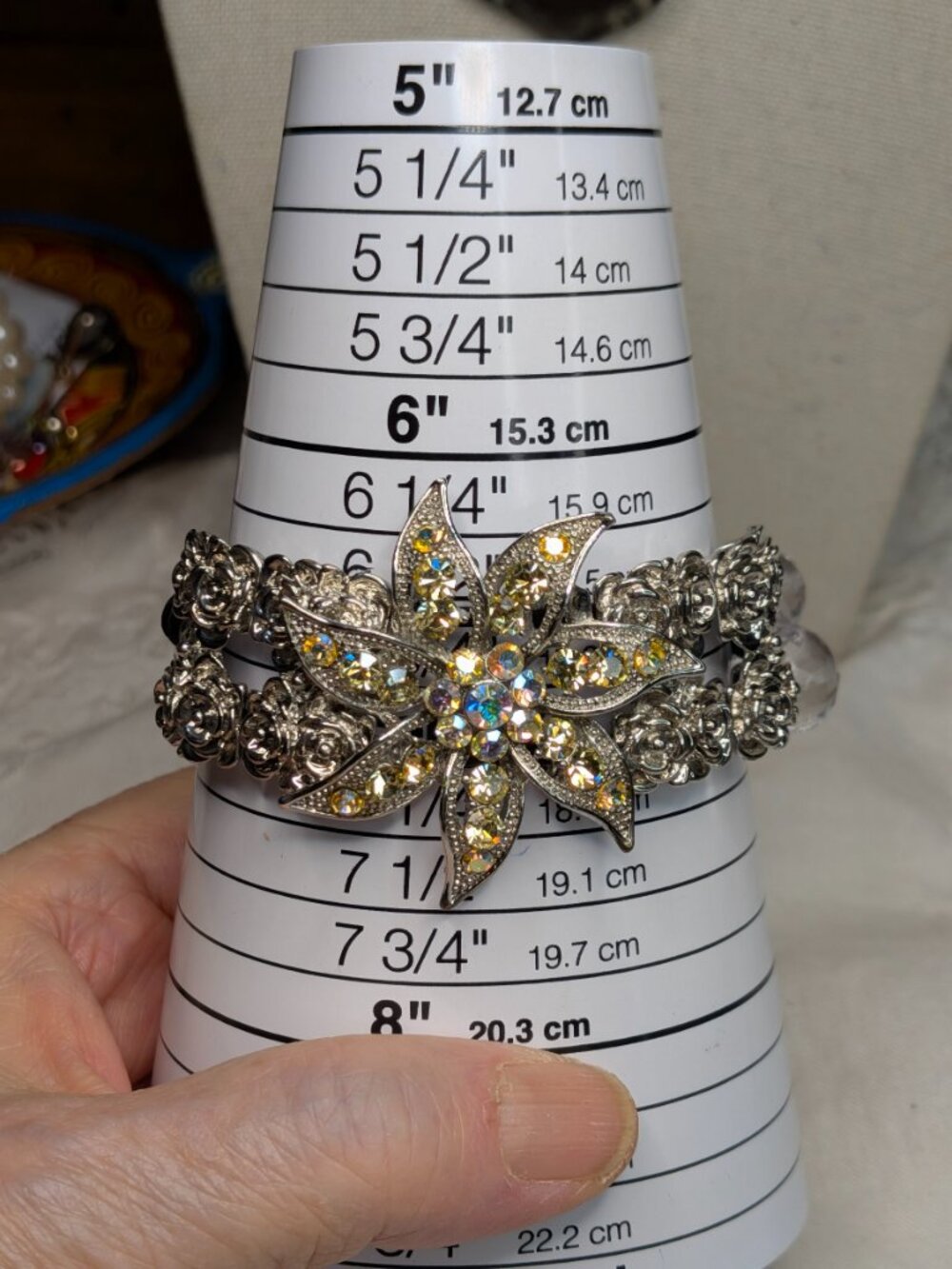 Silver Tone Rhinestone Flower Bracelet with AB Crystals on Black Stretch Cord